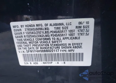 2011 Honda Pilot Touring из США, поврежденный, VIN 5FNYF4H98BB022117